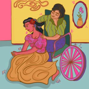 Illustration of person sitting in a wheelchair brushing the long hair of a person sitting on the ground. 