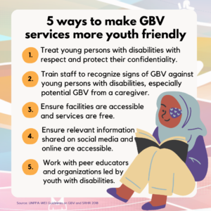 Against a white background framed with swirling bright colors, the text reads,"5 ways to make GBV servicers more youth-friendly. 1. Treat young persons with disabilities with respect and protect their confidentiality. 2. Train staff to recognize signs of GBV against young persons with disabilities, especially potential GBV from a caregiver. 3. Ensure facilities are accessible and services are free. 4. Share accessible information on social media and online. 5. Utilize peer educators and organizations led by disabled youth." In the corner is an illustration of a girl wearing a headscarf and an eyepatch reading a book is in the bottom right corner.