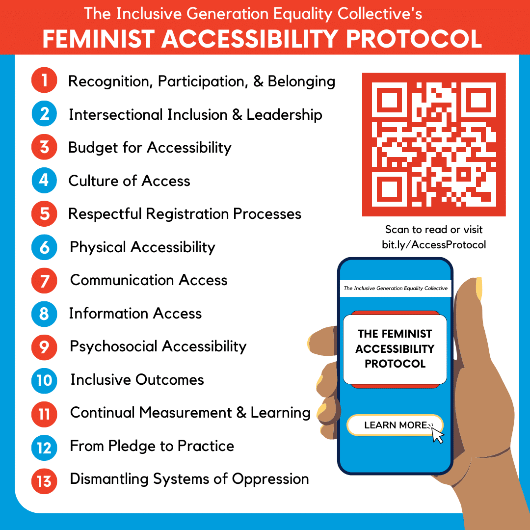 IGEC Feminist Accessibility Protocol 13 Commitments to accessibility for hosting feminist gatherings. Includes a QR code to learn more.