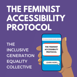 Hand holding phone with the Feminist Accessibility Protocol