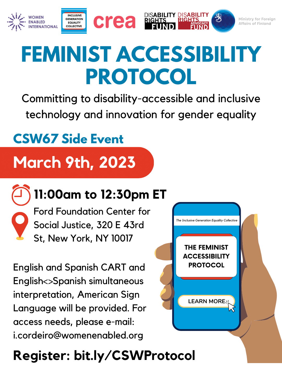 Flyer with event information, sponsor logos, and a graphic of a hand holding a phone with the screen showing the cover of the Feminist Accessibility Protocol.