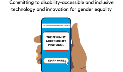Graphic of a hand holding a phone with the feminist accessibility Protocol on the screen.
