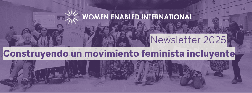 Una foto con fondo morado que tiene el logo de WEI en blanco. Y se lee: Newsletter 2025: Construyendo un movimiento feminista incluyente