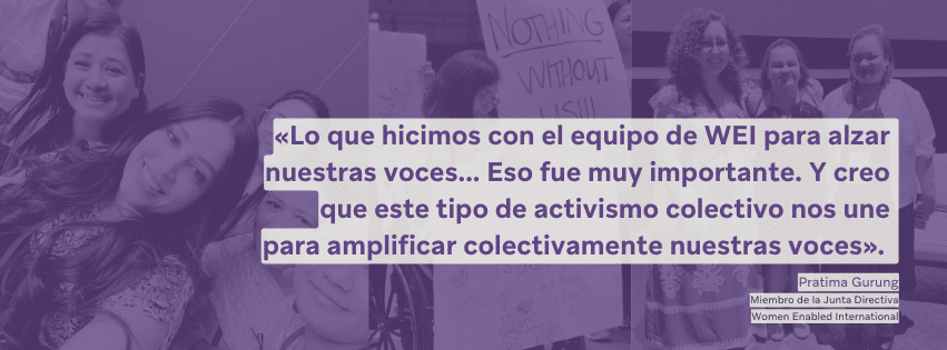 Varias fotos de AWID con un fondo morado. Se lee la cita de Pratima Gurgung: «Lo que hicimos con el equipo de WEI para alzar nuestras voces... Eso fue muy importante. Y creo que este tipo de activismo colectivo nos une para amplificar colectivamente nuestras voces».