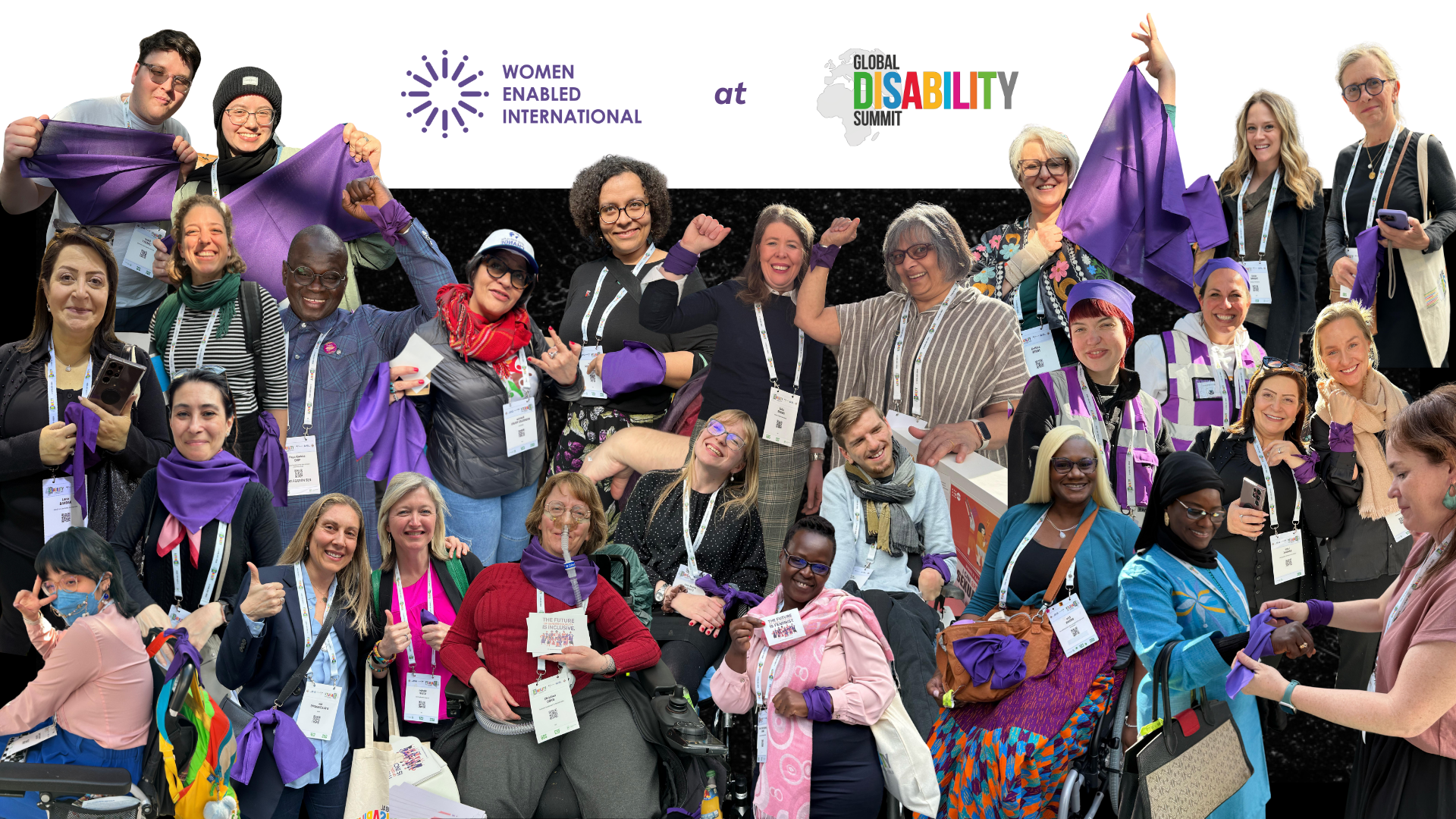 Collage de fotos de personas con pañuelos morados en la GMD. Algunas levantan el puño en señal de solidaridad, otras sonríen. En la parte superior, hay una pancarta blanca que dice: Women Enabled International en la Cumbre Mundial sobre Discapacidad.