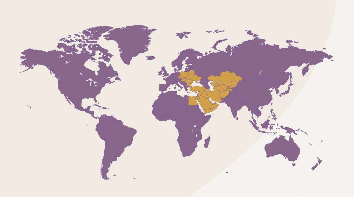 Imagen de un mapa en tono morado claro que destaca en amarillo los países que participaron en el informe: Bielorrusia, Hungría, Irak, Jordania, Líbano, Palestina, Polonia, Rumania, Tayikistán y Yemen.