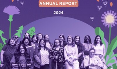 Cover of WEI's annual report: Leading our own liberation. With illustrations of dandelions and a photo of women with and without disabilities.
