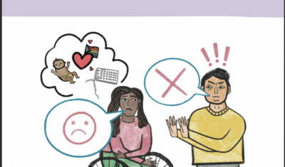 A book cover with a light purple background titled "My Body, (but not) My Choice." The subtitle is "Legal Capacity Violations Against Women with Intellectual or Psychosocial Disabilities and Recommendations for Action." The year 2025 is in the top right corner. The cover illustration shows a woman in a wheelchair with a sad thought bubble, and a man with an angry thought bubble and a large red 'X' over his mouth. The bottom of the cover shows the logos of four organizations: Women Enabled International, Disability Rights Fund, Inclusion International, and TCI Asia-Pacific.