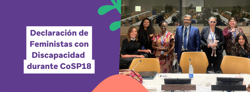 Del lado derecho. MaryAngel y Amanda de WEI posan con un grupo diverso de mujeres, algunas con discapacidades y de la ONU, A.H. Monjurul KABIR, al término de un evento de la CRPD durante CoSP18. Del lado izquierdo, el título "Declaración de Feministas con Discapacidad durante CoSP18" se lee en letras moradas sobre un cuadro blanco que las enmarca. 