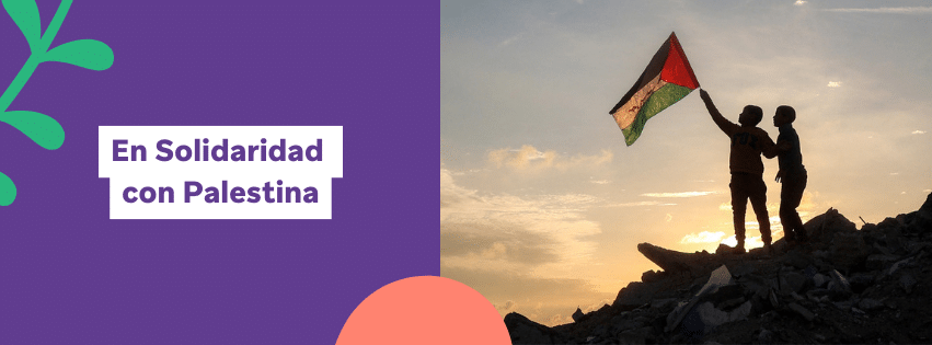 Del lado derecho, la silueta a contraluz de dos niños sostienen la bandera Palestina en el aire sobre escombros. Del lado izquiero y sobre un fondo morado se lee el título "En Solidaridad con Palestina" en letras moradas y sobre un cuadro blanco que las enmarca. Las figuras de una planta color verde y un medio círculo coral adornan el título.
