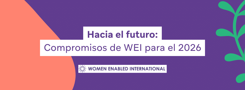 Sobre un fondo morado se lee el título "Hacia el futuro: Compromisos de WEI para el 2026" en letras moradas sobre un cuadro blanco que las enmarca. Aparece el logo de WEI y dos figuras abstractas, una color coral y otra color verde.