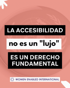 Fondo color salmón con el logo de las Naciones Unidas difuminado. El texto en bloques blancos y negros dice: "LA ACCESIBILIDAD no es un 'lujo' ES UN DERECHO FUNDAMENTAL." Incluye el logo de "Women Enabled International".