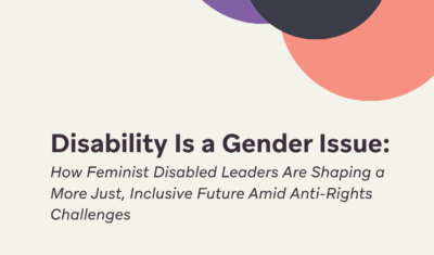 Trend Report 2026 cover. Geometric shapes in branding colors of WEI show the title "Disability is a Gender Issue: How Feminist Disabled Leaders Are Shaping a More Just, Inclusive Future Amid Anti-Rights Challenges "