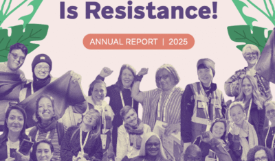 WEI's Annual Report 2025 Cover: Text that says "Our Existence is Resistance!" and a collage-like picture of women, and people with disabilities raising their fists joyfully. Purple flowers adorn the background.